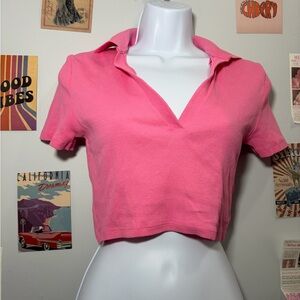 Zara Pink Cropped Polo V-Neck Top